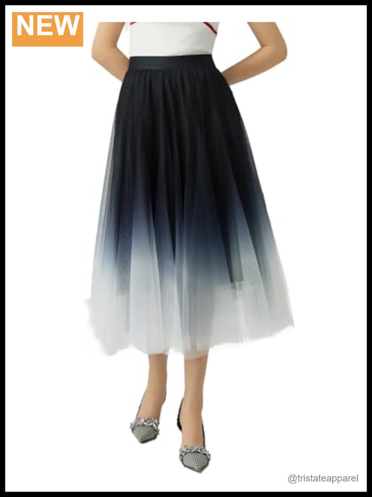 Gradient Tulle Midi Skirt High Waist Pleated Mesh Flowy A-Line Party Long Tutu